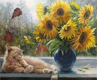 Без бренда «Подсолнухи в синей вазе возле кота» в Иваново в интернет-магазине  Без бренда «Подсолнухи в синей вазе возле кота» в Иваново