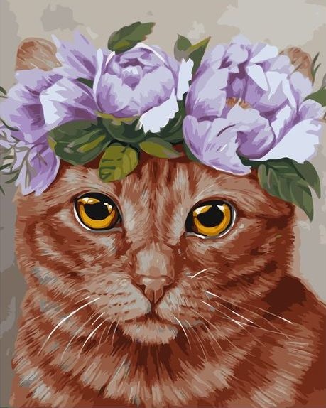 Картина по номерам 40x50 Рыжий кот с венком из роз