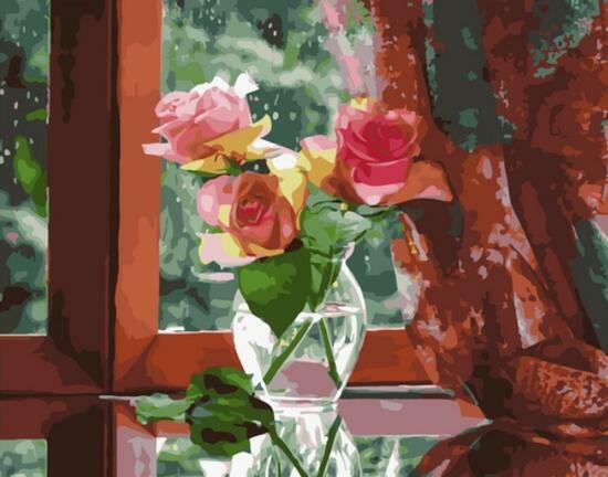 Картина по номерам 40x50 Три розовые розы в прозрачной вазе