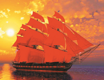 Корабль на закате с красными парусами