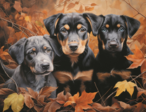 Три черных щенка среди осенних листьев