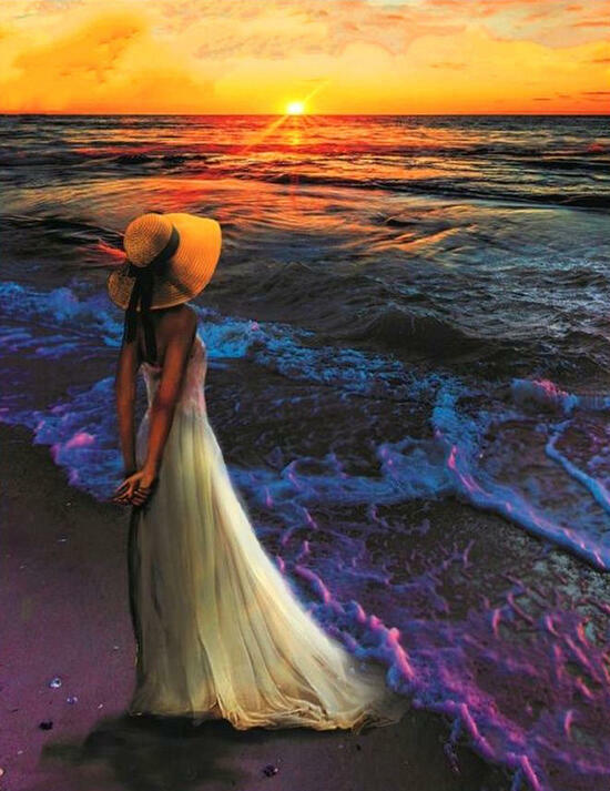Алмазная мозаика 30x40 Девушка в шляпке смотрит закат над морем