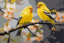 Две жёлтые птички на ветке яблони