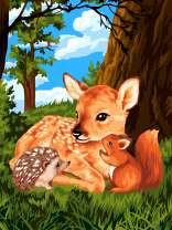 Олененок, белочка и ежонок под деревом