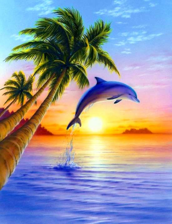 Алмазная мозаика 40x50 Весёлый дельфин на фоне восхода